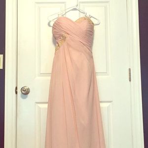 Blush floor length gown with silver/yellow beading